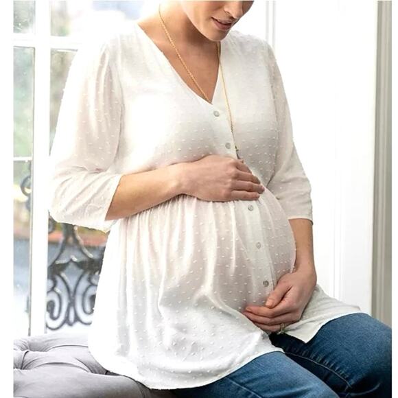 NEW SERAPHINE Swiss Dot Buttoned Blouse Tunic Top Size 6 White Maternity Nursing - Picture 2 of 12
